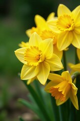 Dense cluster of daffodils, green stems visible , meadow, intense, yellow