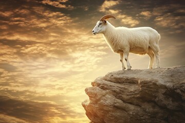 Fototapeta premium White Goat Standing on Rock Against Dramatic Sunset Sky