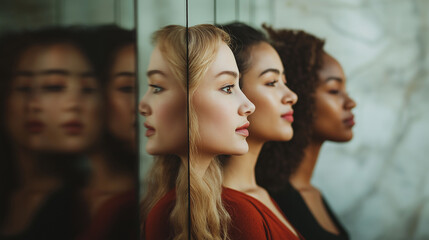 Obraz premium Diverse women stand together, each reflected in a series of mirrors placed strategically around them, creating an effect of endless unity