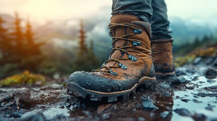 Hiking Boots Mud Trail Trekking Outdoors Adventure Wet Brown Leather Boots