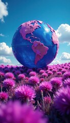 Dense purple globe amaranth carpet against a vivid blue sky , sun, bloom, image