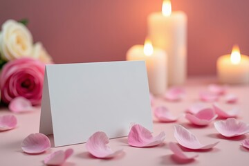 A Tranquil Setup Featuring Blank Card Surrounded by Soft Pink Rose Petals and Gentle Candlelight, Perfect for Romantic Occasions or Elegant Events