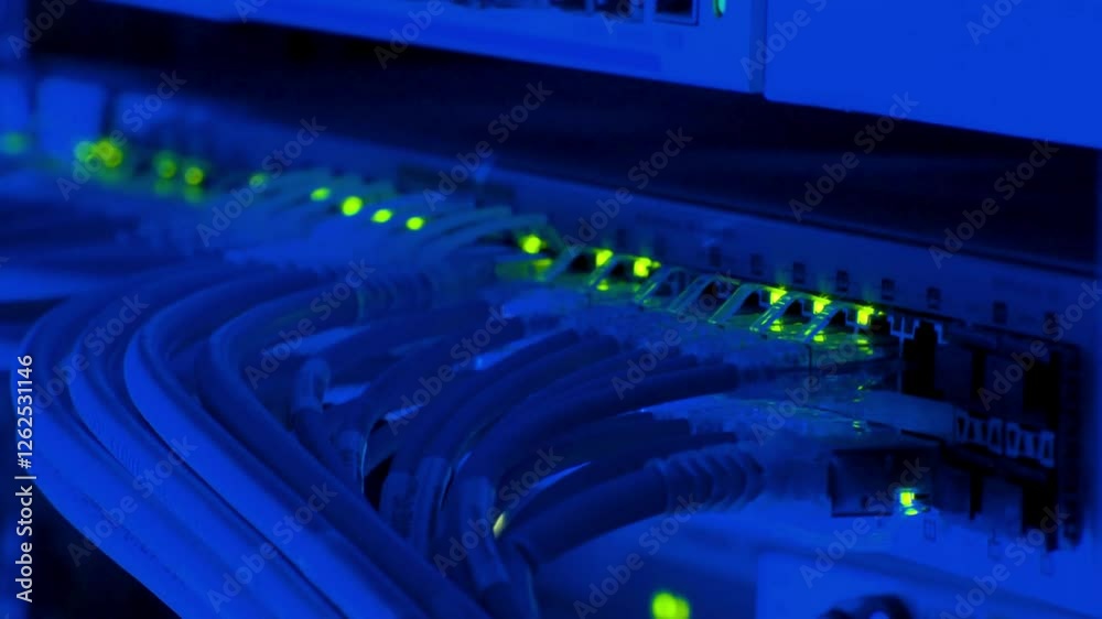 Wall mural server room of high tech internet data center. wire cables connecting lan cable to mainframe switch