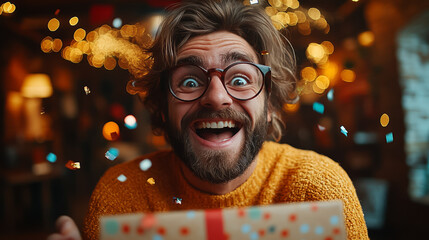 Ecstatic young man celebrates with joyful surprise as he opens a gift box filled with confetti ideal for birthdays parties and special occasion visuals.