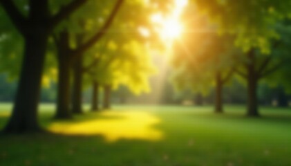 Dreamy defocused park scene, sunlit trees, blurry foliage , branches, environment
