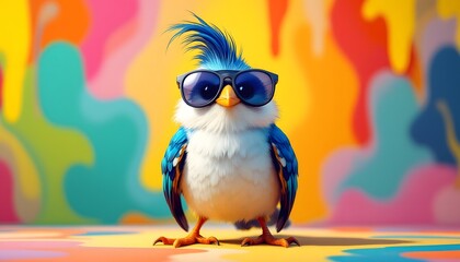 Naklejka premium Cool Bird Wearing Sunglasses Colorful Background Digital Art
