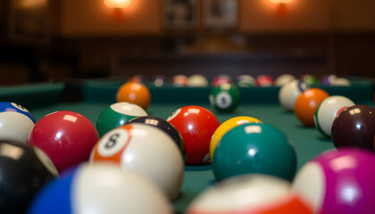 Colorful billiard balls on table, closeup, dinamic scene. with white shades