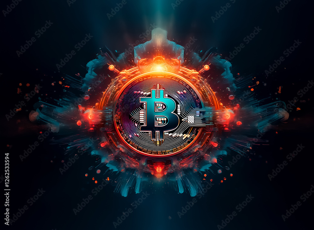 Poster futuristic bitcoin symbol with a key, glowing with vibrant digital energy and abstract light effects