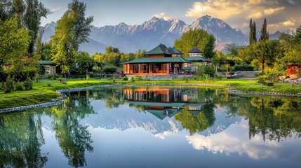 Fototapeta premium Peaceful mountain resort reflecting in tranquil pond at dawn