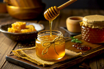 honey glass jar on wooden board