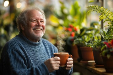 A happy senior man enjoys a warm drink amidst a vibrant greenhouse, surrounded by lush greenery.