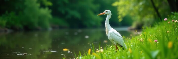 Obraz premium Elegant white stork amidst lush grass by a tranquil river, avian, water