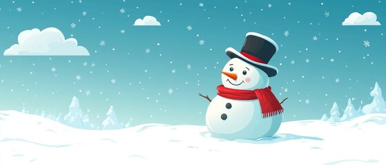 A cheerful snowman wearing a top hat and red scarf is set against a winter landscape with snow-covered hills and gently falling snowflakes