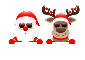 Weihnachtsmann Und Rentier Sonnenbrille Mit Sternen Halten Horizontales Banner