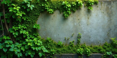 Emerald green moss thrives on a weathered cement wall , photography, plant, close-up