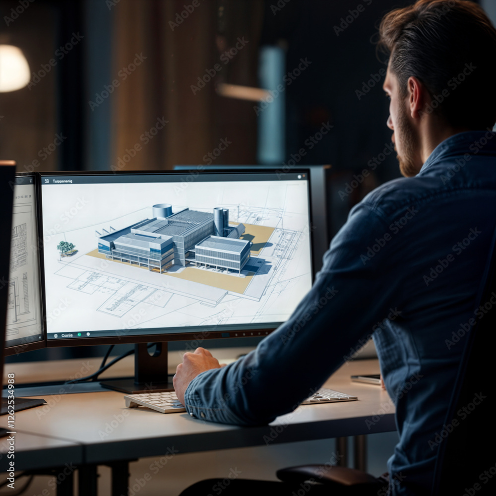 Poster engineer architect designs a building in front of a computer monitor . generative ai