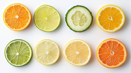 Obraz premium Fresh citrus fruit slices arranged in flat lay, showcasing vibrant colors and textures. image features oranges, limes, lemons, and cucumber, creating refreshing and healthy aesthetic