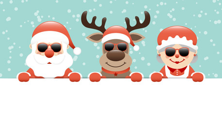 Weihnachtsmann Rentier Und Frau Mit Sonnenbrille Halten Horizontales Banner Schnee Türkis