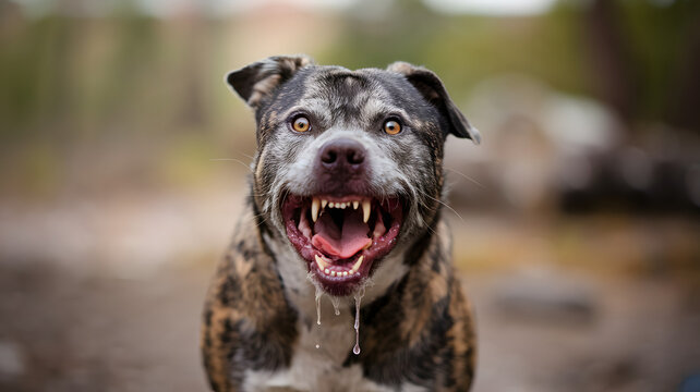 Aggressive rabid dog snarling with frothy saliva, intense eyes, and raised fur, isolated on a blurred background. Concept of danger, wild animal behavior, and rabies awareness