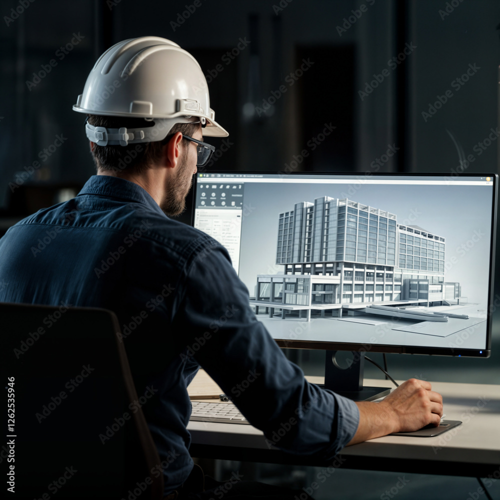 Poster engineer architect designs a building in front of a computer monitor . generative ai