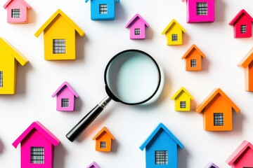 Colorful Miniature Houses and Magnifying Glass on White Background