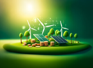 Fototapeta premium A lush green island showcases sustainable energy with solar panels and wind turbines. Coins and tree stumps symbolize investment and nature conservation for a brighter, eco-friendly future.