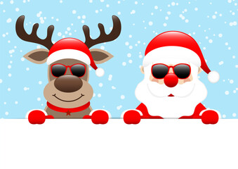 Rentier Und Weihnachtsmann Mit Sonnenbrille Halten Horizontales Banner Schnee Blau