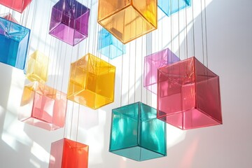 Colorful glass cubes suspended from the ceiling, creating a vibrant and modern art installation.