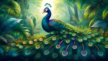 Fototapeta premium Peacock make of green leaves with its feathers spread and dancing in a Jungle or forest