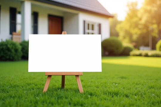 A Tranquil Residential Setting Featuring a Blank Easel Displaying an Empty Canvas in a Lush Green Lawn Under the Warm Glow of the Evening Sun - Powered by Adobe