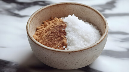 Salt blending with other spices in a ceramic mixing bowl.