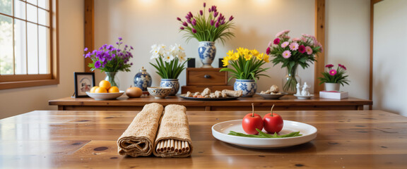 Traditional Japanese altar adorned with flowers and fruits, Obon Festival