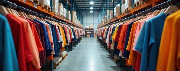 Obraz premium Garment racks overflowing with colorful clothing in a warehouse , retail, apparel hub, clothing hub