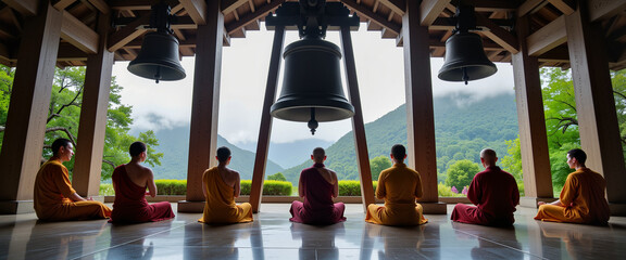 Monks meditating beneath traditional temple bell, serene atmosphere
