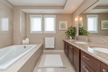 Modern bathroom with elegant design and natural light featuring a tub, dual sinks, and tasteful decor in a residential setting