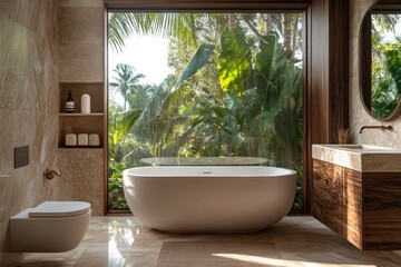 Fototapeta premium Luxurious bathroom with modern design and tropical views in a serene setting