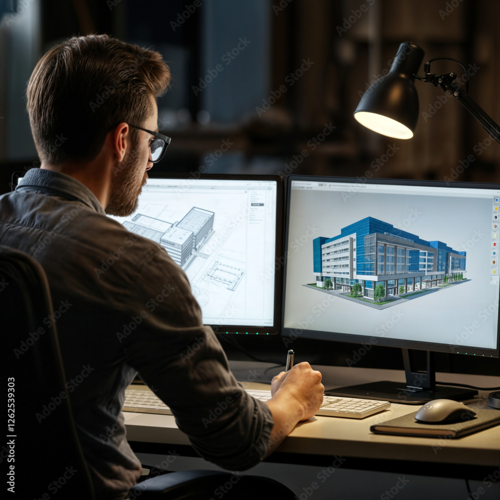 Poster engineer architect designs a building in front of a computer monitor . generative ai