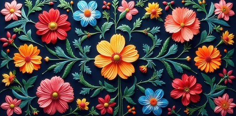 Intricate colorful flower embroidery, repeating design ,  blossom,  background