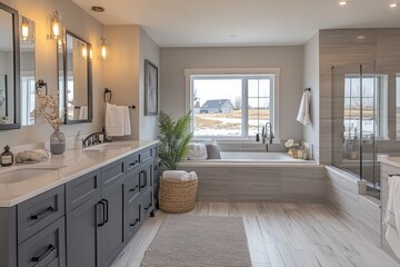 Fototapeta premium Modern bathroom design featuring stylish fixtures, large windows, and serene natural lighting in a peaceful setting