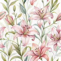 Elegant pink lilies amidst lush green foliage watercolor art.