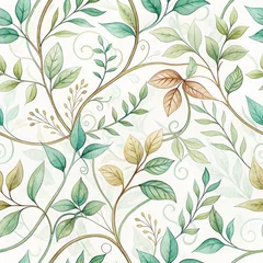 Seamless watercolor pattern with green and brown leaves and swirls.