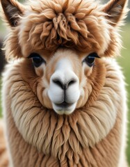 Fototapeta premium Alpaca with soft wool and bright eyes captured in warm natural lighting on a farm