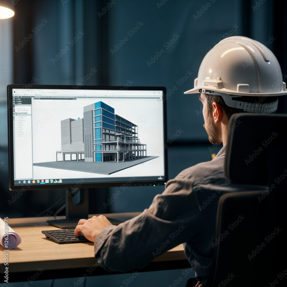 Poster engineer architect designs a building in front of a computer monitor . generative ai