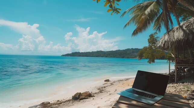 laptop beach crystal-clear waters palm trees idyllic remote work digital nomads paradise