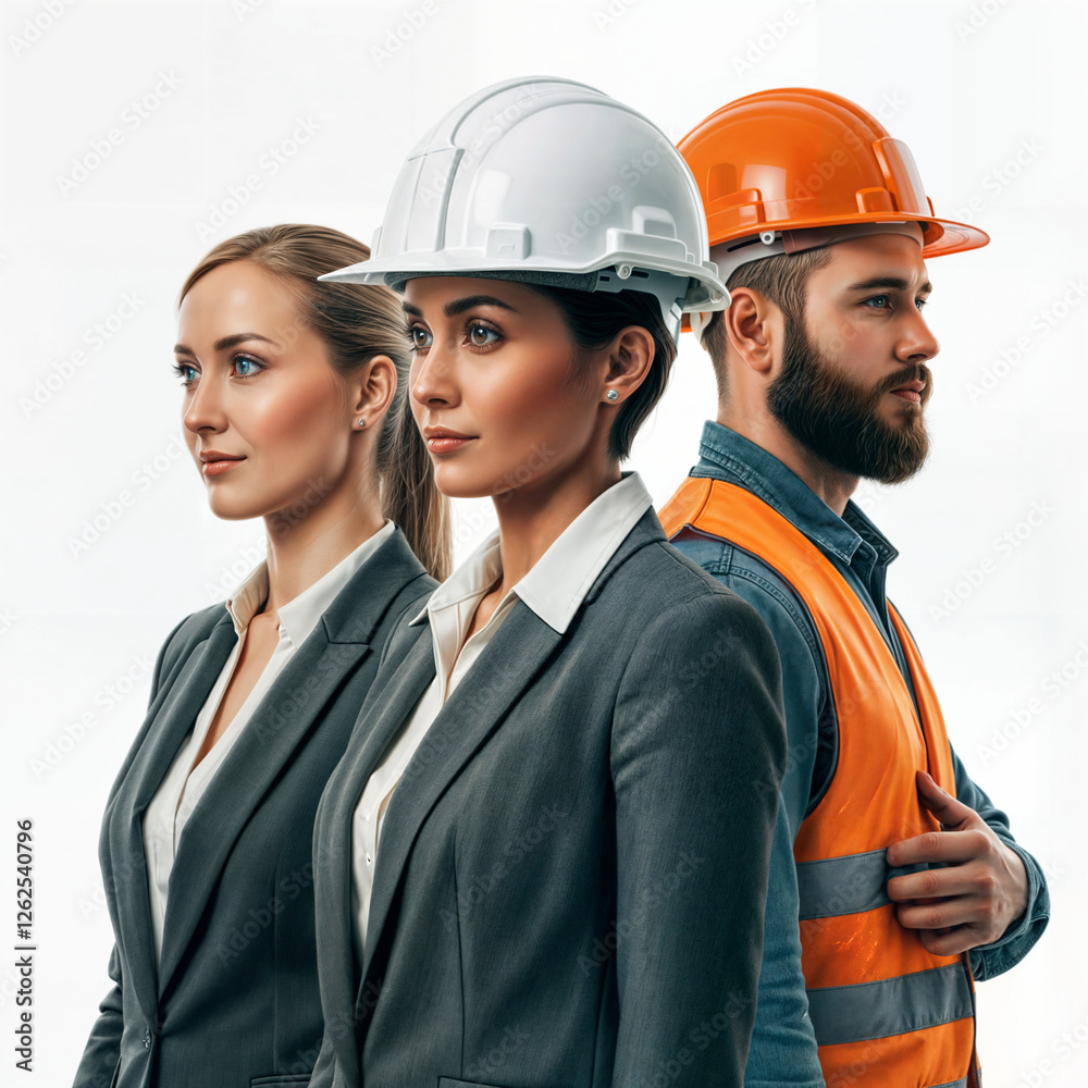 Poster engineer architect and builder standing on white background . generative ai