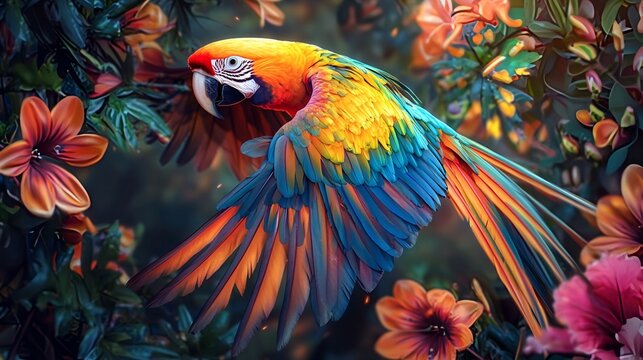 Colorful parrot in flight amongst vibrant flowers. Botanical garden scene. Stock photo