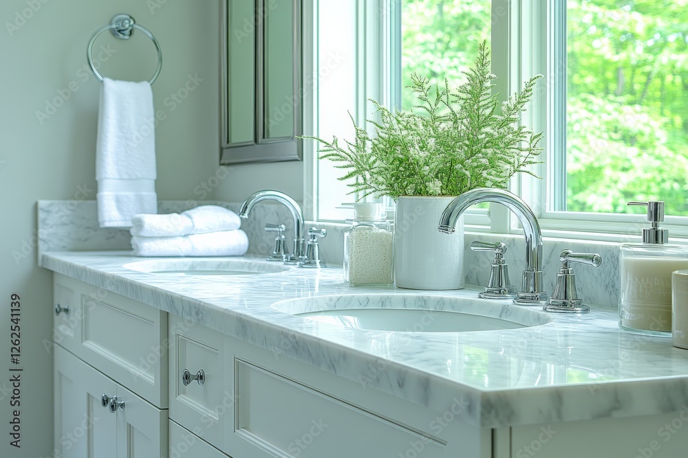 Poster elegant bathroom design featuring marble countertop and natural light with lush greenery in serene s