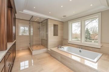 Fototapeta premium Elegant modern bathroom featuring a glass shower and soaking tub with natural light from large windows