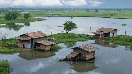 Obraz premium Rustic homes on stilts over flooded rice paddy fields, serene rural landscape