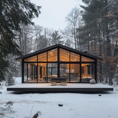 Fototapeta premium Glass house nestled in a snowy forest with warm interior